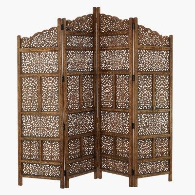 Traditional Wood Carved Pattern Room Divider Screen Brown - Olivia & May | Target