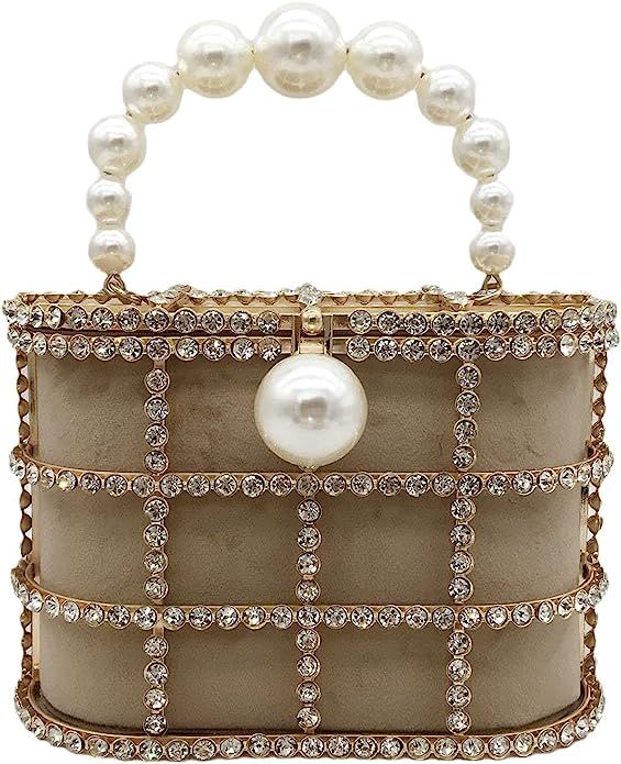 Synthetic Pearl Top-Handle Women Metal Bucket Bag Crystal Evening Purses and Clutches Formal Wedd... | Amazon (US)