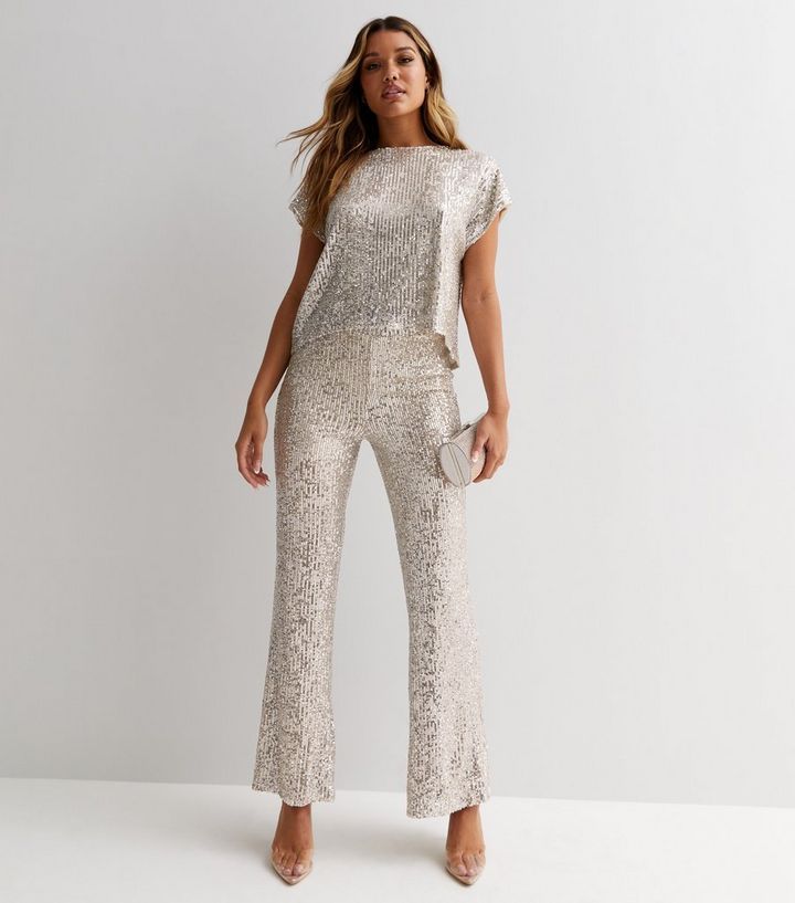 Silver Sequin High Waist Wide Leg Trousers | New Look | New Look (UK)