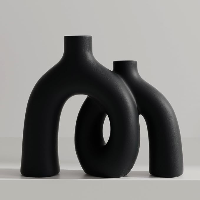 Matte Black Vase Set - Hug Hollow Donut Aesthetic Ceramic Vases Home Decor, Modern Nordic Minimal... | Amazon (US)