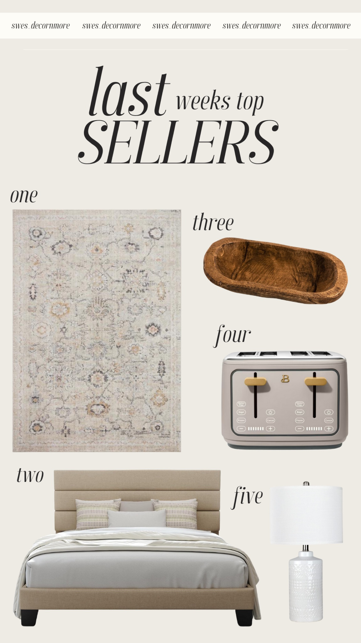 Here are last weeks top 5 sellers! This Oriental rug from Wayfair has the perfect colors for fall and it is machine washable! Love this neutral tone upholstered king size platform bed frame, this wooden bowl is perfect for a cute fruit holder on a counter or table, and this white ceramic lamp would be a great accent piece in almost any room, these are all from Amazon! This beautiful taupe colored toaster from Walmart can toast up to 4 slices at a time and has touch-activated display! 

#LTKStyleTip #LTKSeasonal #LTKHome