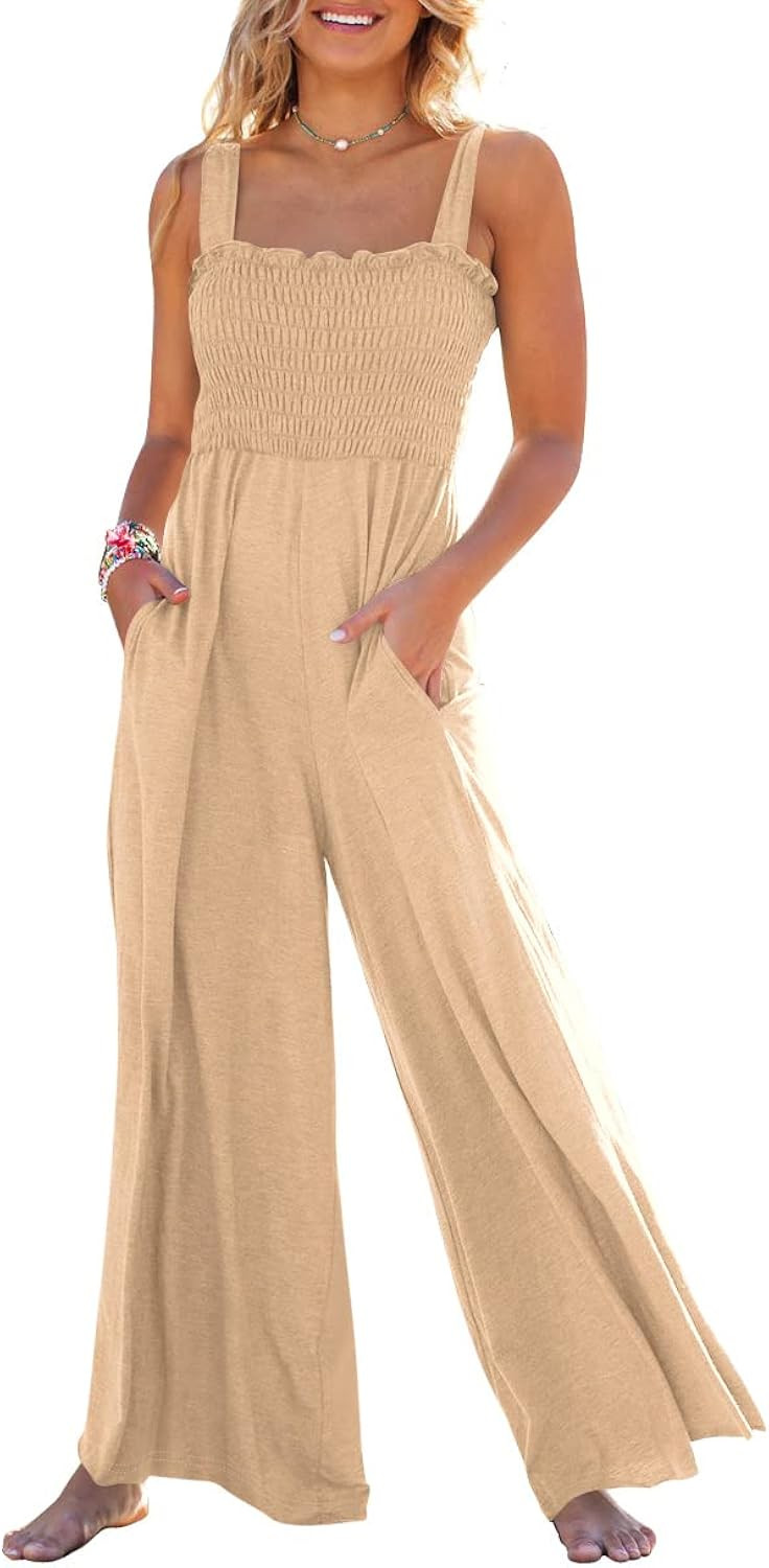 Caracilia Womens Casual Loose Sleeveless Tank Jumpsuits Square Collar Smocked Wide Leg Jumpsuit Romp | Amazon (US)