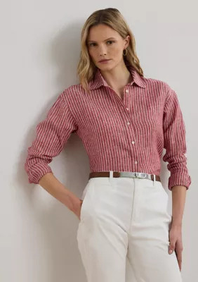 Lauren Ralph Lauren Women's Petite Relaxed Fit Striped Linen Shirt, Red, PS | Belk