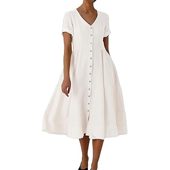 chouyatou Women's Summer Fit and Flare Swing Cotton Dress Casual V-Neck Button Down Beach Midi Dr... | Amazon (US)