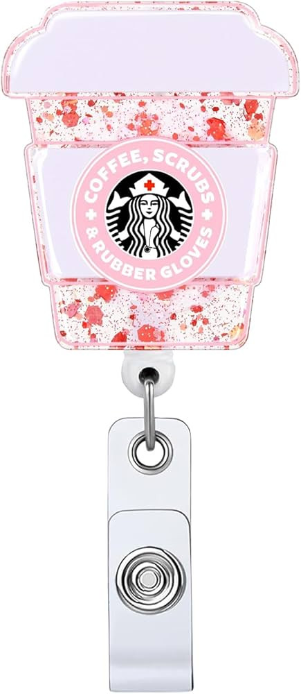 Cute Pink Coffee Scrub Heart Retractable Badge Reel with ID Clip Name Tag Card Gift for Nurses Of... | Amazon (US)