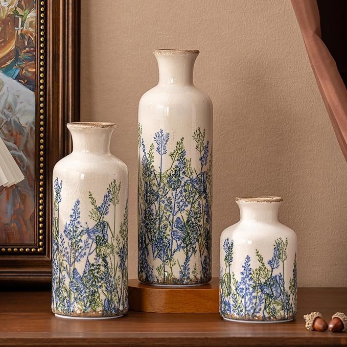 Ceramic Vase Set of 3, Vintage Blue Floral Beige Vases, Rustic Chinoiserie Decorative Vases for W... | Amazon (US)