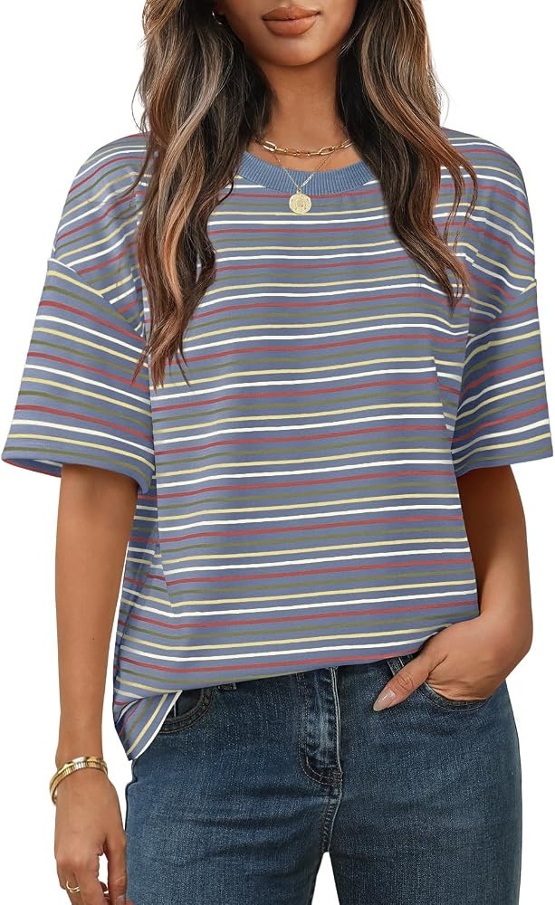MEROKEETY Women's 2026 Summer Short Sleeve Tops Casual Colourful Striped Crewneck Loose Work T Sh... | Amazon (US)
