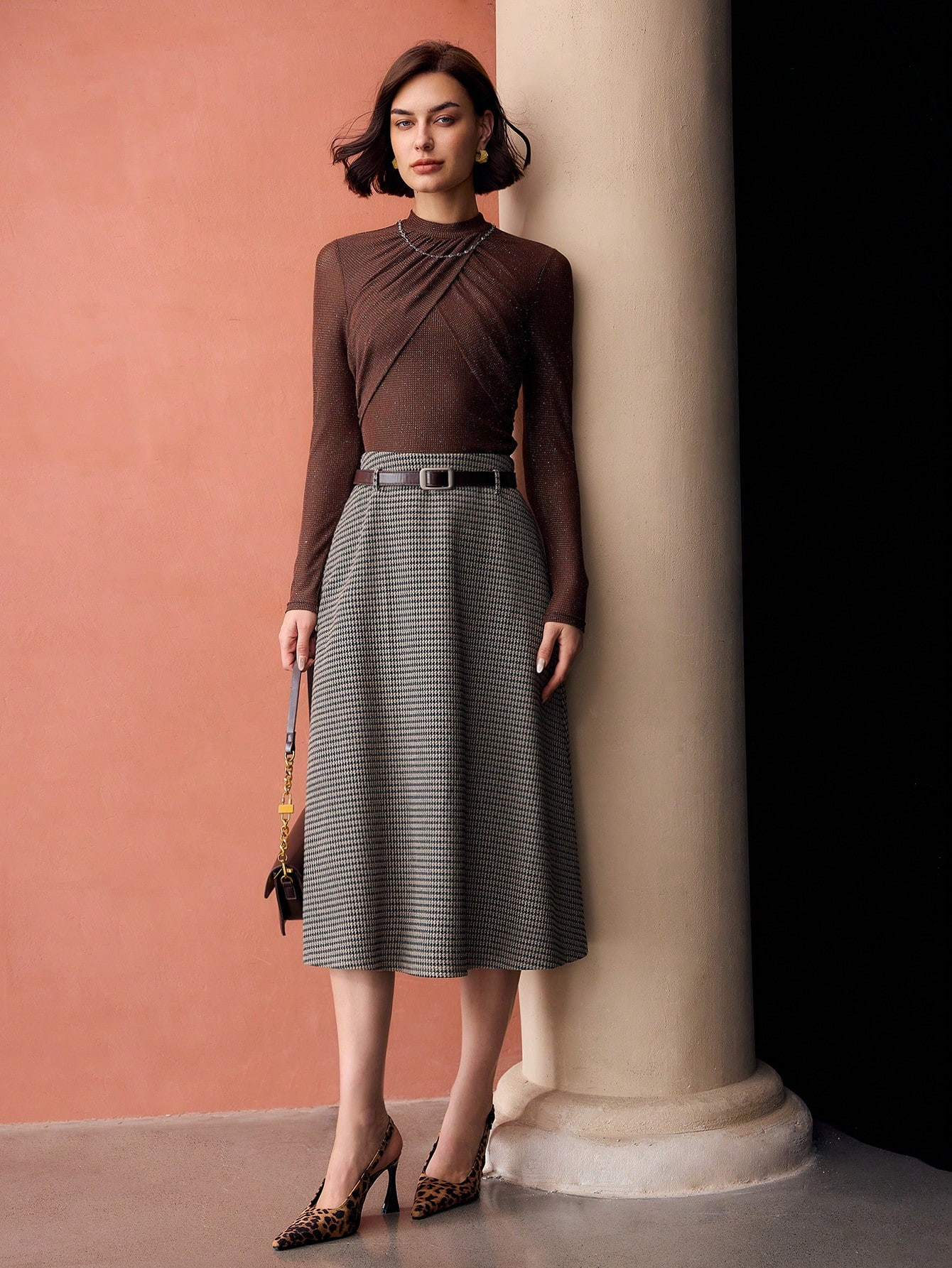 MOTF PREMIUM HOUNDSTOOTH PRINT FLARE SKIRT WITH BUCKLE BELT | SHEIN | SHEIN