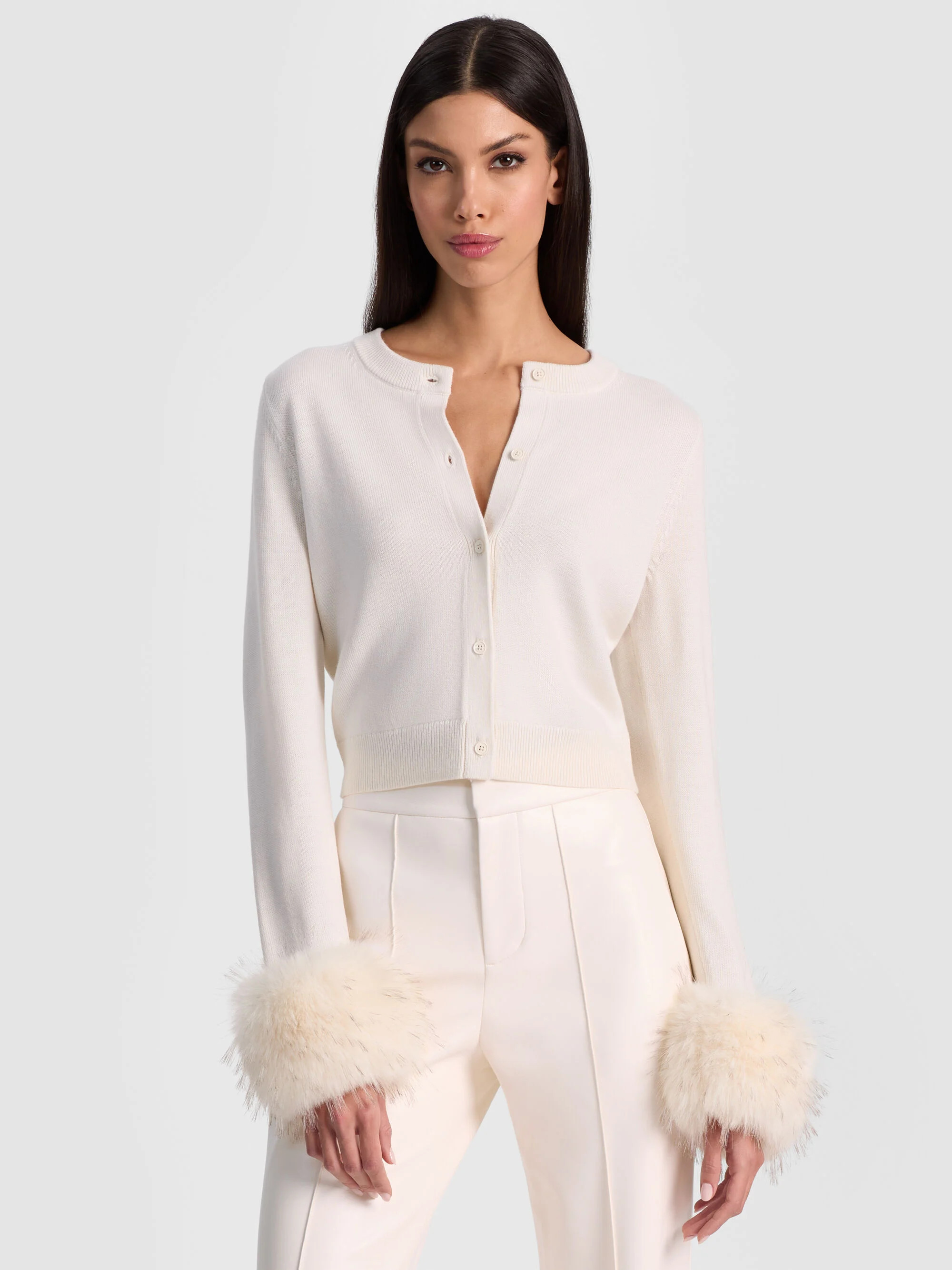 DOLLIE FAUX FUR CUFF CARDIGAN | Alice + Olivia