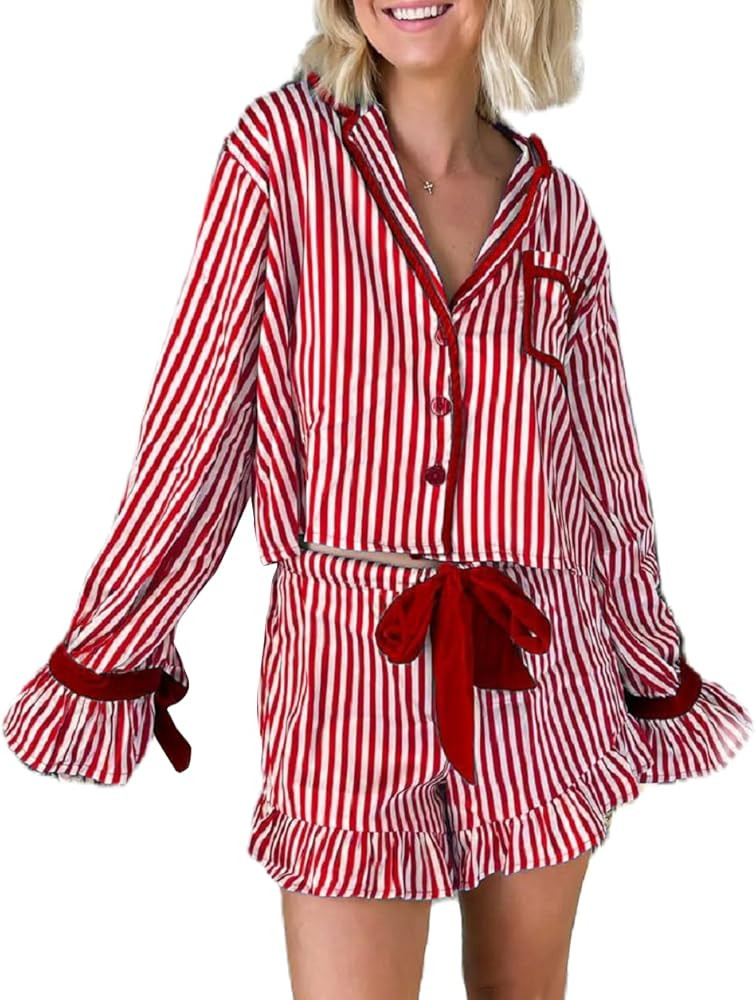 Seyurigaoka Christmas Pajamas Shorts Set for Women Y2k Cute Bow Tie Pjs Button Up Top+Ruffle Shor... | Amazon (US)