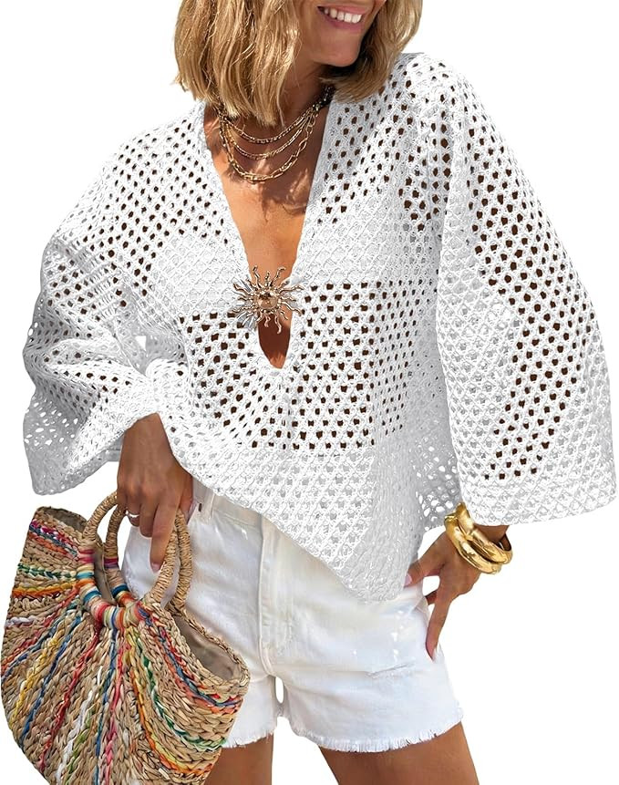 Saodimallsu Womens Crochet Beach Cover Up Top Summer 3/4 Sleeve Boho Oversized Mesh Knit V Neck S... | Amazon (US)