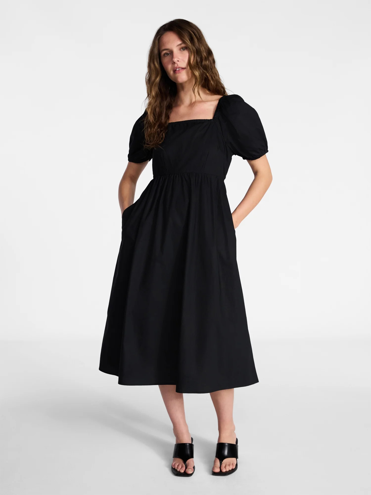 Time and Tru Women's and Women's Plus Cotton Back Tie Midi Dress with Short Puff Sleeves, Sizes X... | Walmart (US)