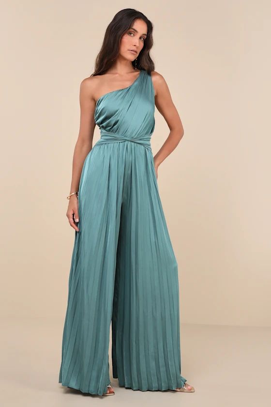 Exquisite Always Dark Sage Pleated Satin One-Shoulder Jumpsuit | Lulus