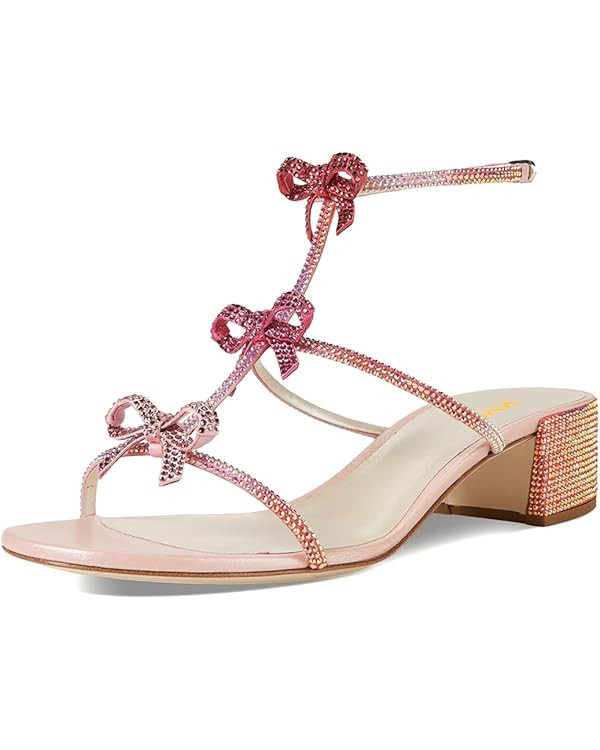 XYD Women Gladiator Rhinestone Crystals Block Chunky Heels Open Toe Sandals Crossover Strap Bow K... | Amazon (US)