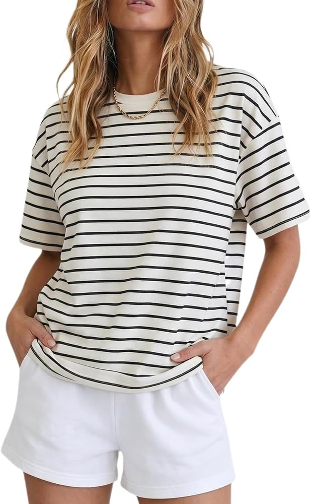 Allimy Women's Vintage Boxy Cropped Tee Short Sleeve Striped T Shirt Loose Fit Tops Casual Summer... | Amazon (US)