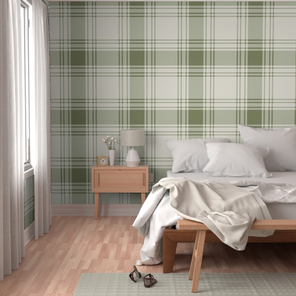 Wallpaper in JUMBO simple plaid - creamy white & light sage green - heritage farmhouse | Spoonflower