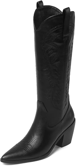Western Boots Women Leather Cowboy Pointed toe Chunky Stacked Heel Cowgirl Knee High Boot | Amazon (US)