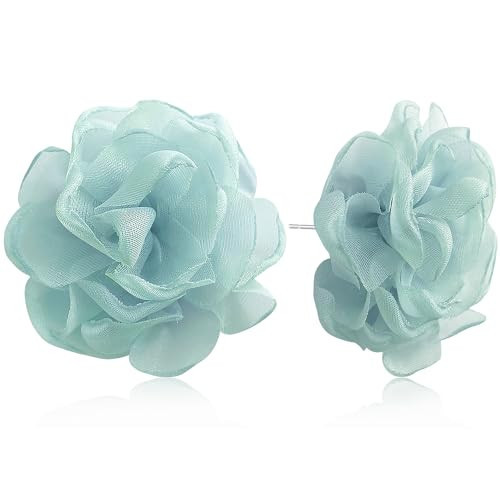 SLSF Bohemian Handmade Fabric Chiffon Rose Flower Lightweight Stud Earrings Gauze Unique Simulation Stereoscopic Floral Petal Earrings For Women Jewelry Gift (Light Blue) | Amazon (US)