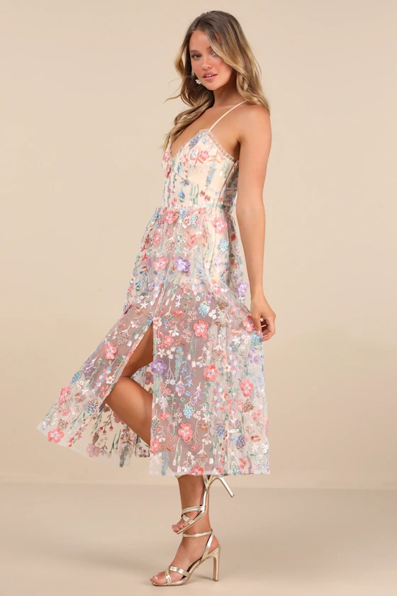 Mahryn Beige 3D Floral Embroidered Midi Bodysuit Dress | Lulus