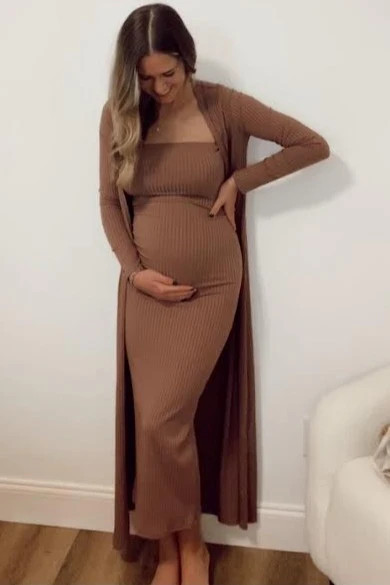 Mocha Ribbed Sleeveless Dress Cardigan Maternity Set | PinkBlush Maternity