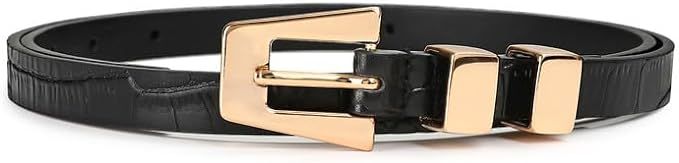 Genuine Leather Skinny Belt for Women Luxury Black leather With Vintage Gold Metal Buckle for Cas... | Amazon (US)