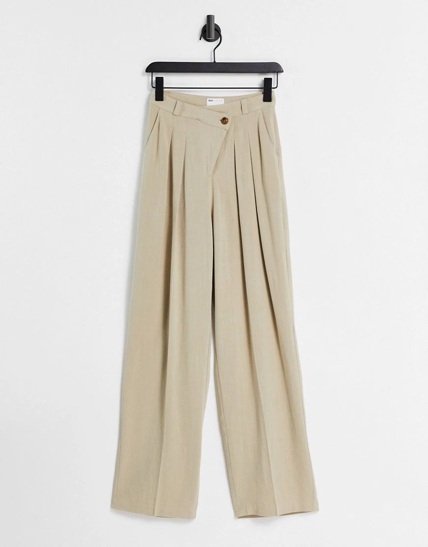 ASOS LUXE linen wide leg trouser with asymmetric fly in stone-White | ASOS (Global)