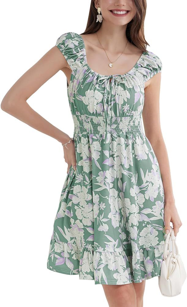 GRACE KARIN Women's Floral Dress 2024 Summer Cap Sleeve Smocked Flowy A Line Short Dress Boho Fla... | Amazon (US)