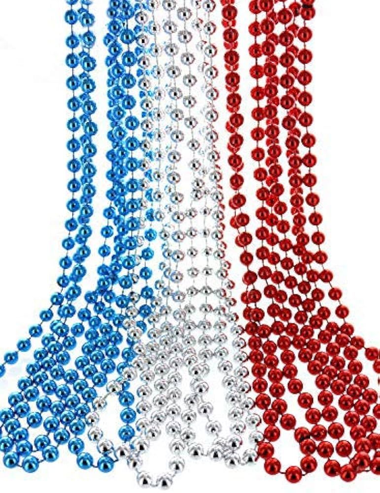 GiftExpress 33" 7mm Metallic Red/Silver/Blue Beaded Necklaces, Bulk Mardi Gras Party Beads Neckla... | Amazon (US)