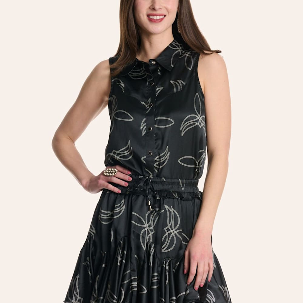 Cowgirl Hardware Women's Black Boot Stitch Print Pearl Snap Sleeveless Top | Cavender's