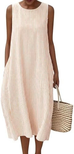 LOMON Summer Dresses for Women Cotton Casual Maxi Dress Beach Vacation Long Sundresses Plaid Stri... | Amazon (US)