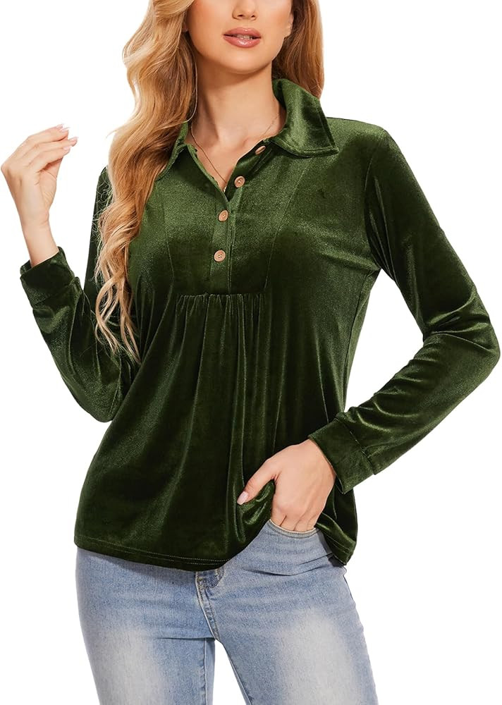 Womens Velvet Tops Long Sleeve Button Down Shirts Flowy Casual Blouses | Amazon (US)