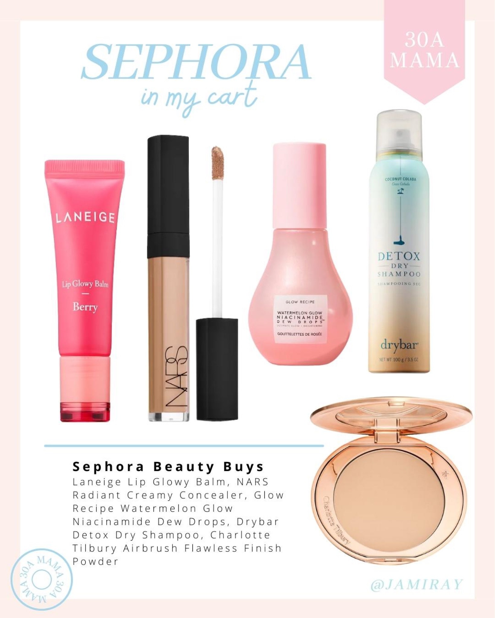 Sephora Beauty Buys 
Laneige Lip Glowy Balm, NARS Radiant Creamy Concealer, Glow Recipe Watermelon Glow Niacinamide Dew Drops, Drybar Detox Dry Shampoo, Charlotte Tilbury Airbrush Flawless Finish Powder 

#LTKunder50 #LTKHoliday #LTKbeauty