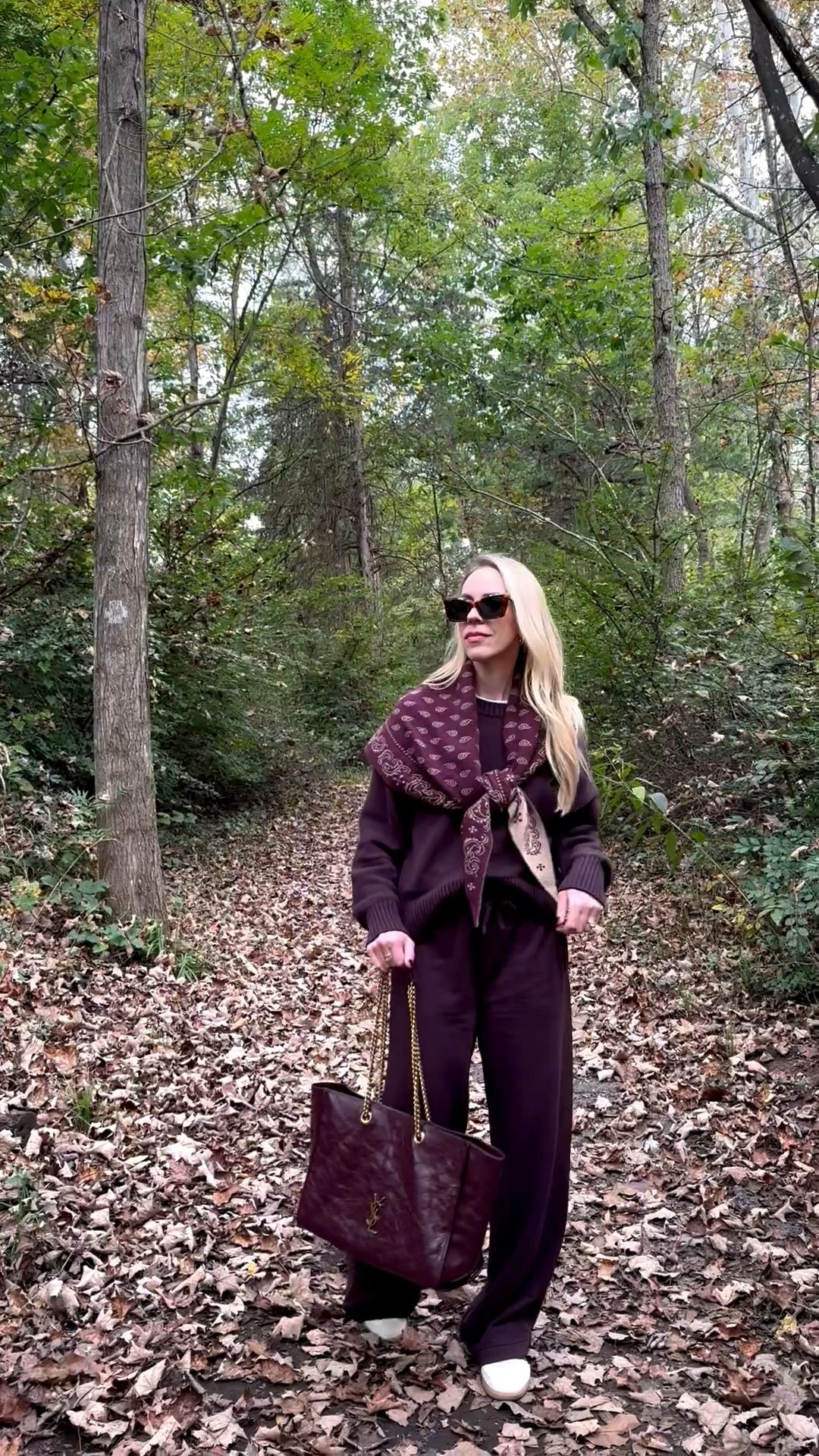 Fall travel outfit, burgundy fall outfit, @Guest In Residence bandana print scarf, cozy fall outfits over 40