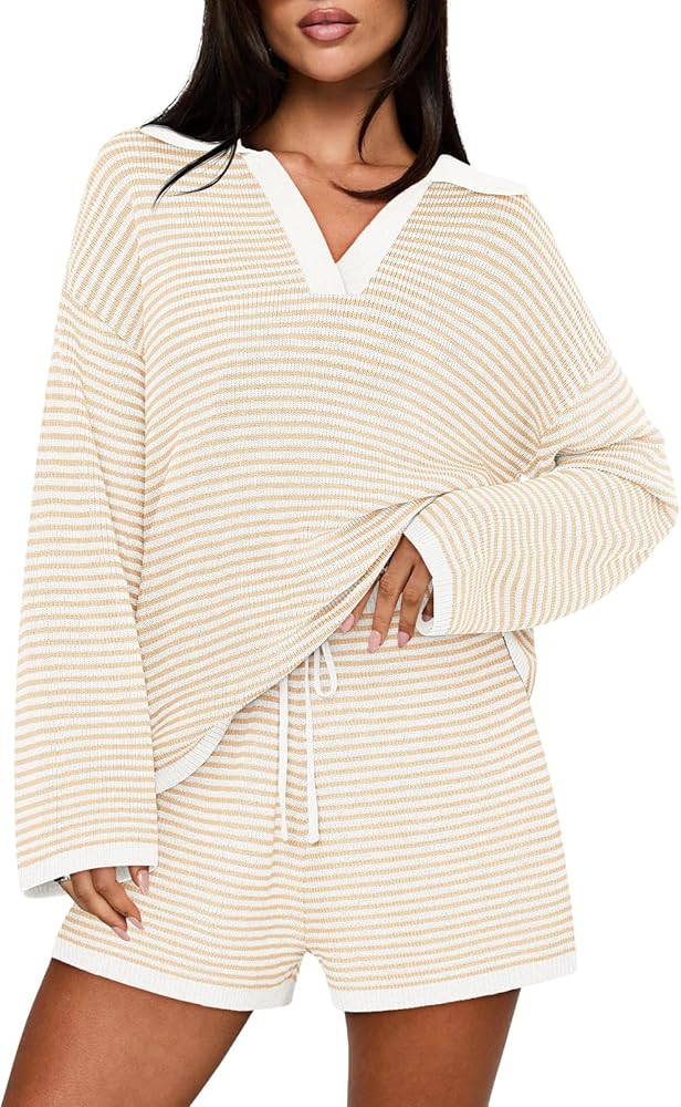 MEROKEETY Lounge Sweater Sets for Women 2 Piece Outfits Casual Long Sleeve Striped Tops Shorts Ma... | Amazon (US)