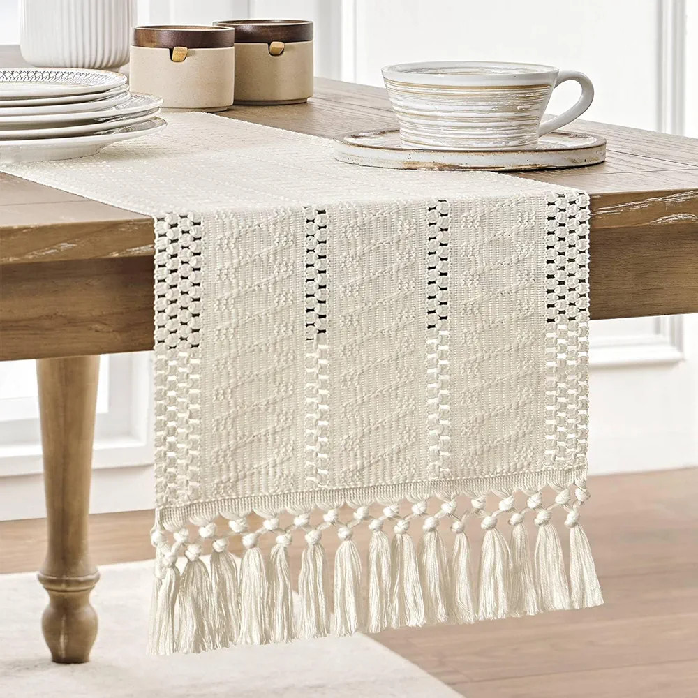 Macrame Style Boho Table Runner, Ivory Table Runners 72 Inches Long, Farmhouse Woven Home Decor, ... | Amazon (US)
