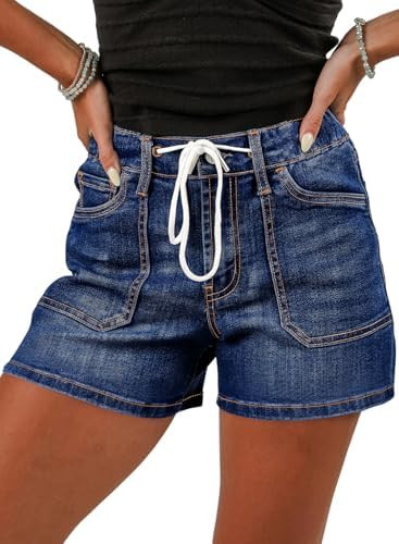 Sidefeel Women's Jean Shorts High Waisted Stretchy Casual Drawstring Denim Shorts with Pockets | Amazon (US)