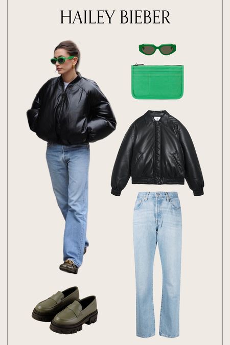 Casual Hailey Bieber street style.

Celeb style, Hailey Bieber outfit, leather bomber, Levi’s jeans, casual outfit, weekend style, classic outfit, easy outfit, capsule wardrobe, baggy jeans, 90s style 