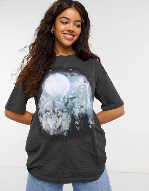 ASOS DESIGN t-shirt with rock wolves graphic in washed charcoal | ASOS (Global)