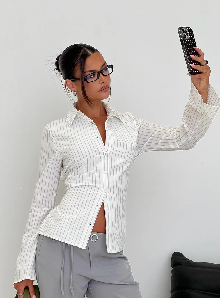 Eryx Tie Back Button Up Top White Pinstripe | Princess Polly US