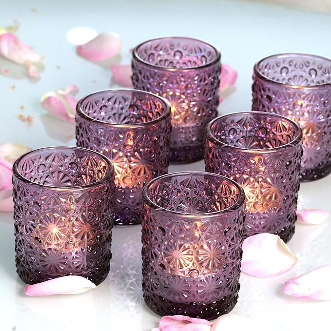 Kinoue 12 Pcs Purple Votive Candle Holders,Vintage Flower Glass Candle Holders Bulk, Tealight Can... | Amazon (US)