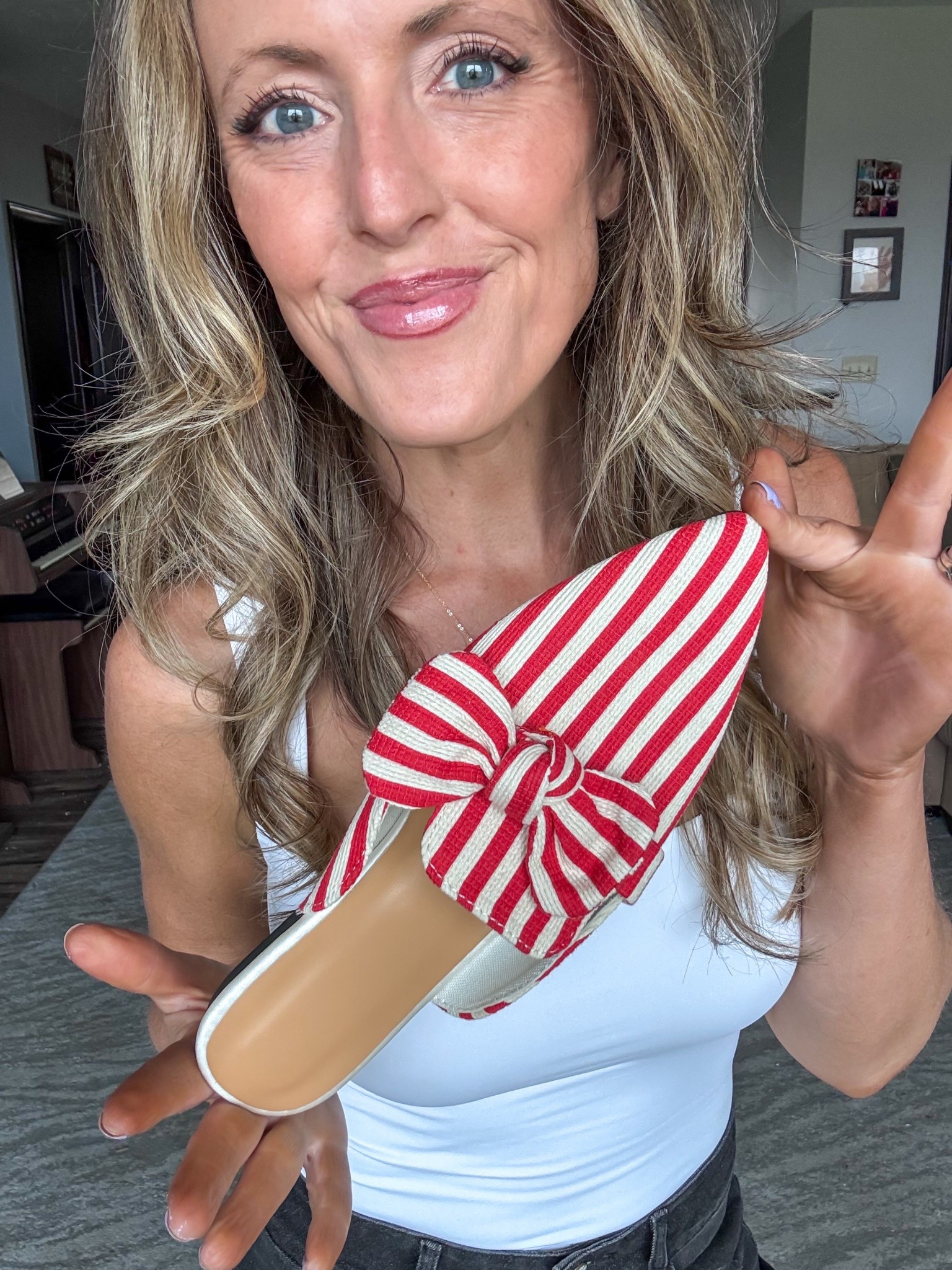 How adorable are these striped bow mules?! ❤️ Absolutely love the design and fit! 

As an Amazon Influencer I earn commission on qualifying purchases.

Striped shoes, bow flats, mom style, work attire, cute footwear, spring shoes, spring fashion 2026

#LTKWorkwear #LTKMidsize #LTKootd