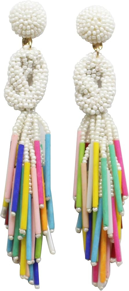 Handmade Beaded Solid Color Post Statement Earrings for Women All Season 4 inch Long | Amazon (US)