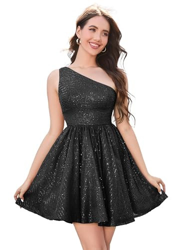 MIQILADUNA Graduation Dress Sparkly Sequin One Shoulder Short Homecoming Dress for Teens Mini Cocktail Dress Black 12 | Amazon (US)