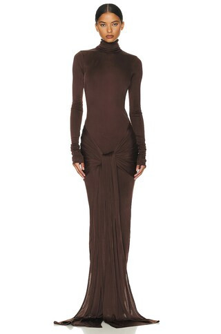 Helsa Slinky Jersey Sarong Maxi Dress in Chocolate | FWRD 