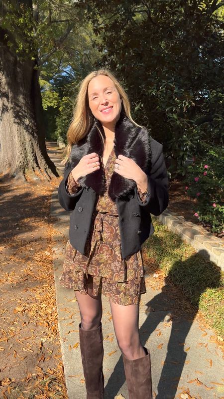 Thanksgiving outfit idea or fall night out look 🖤 The collar on this Reformation coat is removable for added versatility! Wearing S in coat, S in dress, L in tights (check height guide). Boots are sold, similar linked. Similar dresses for less also linked.

#thanksgivingoutfitidea #falldress #thanksgivingoutfits #longsleevefalldress #fallminidress #chocolateboots #kneehighboots #reformationcoat #fauxfurcoat #fauxfurjacket #sheertights #tights #dresswithtights #dresswithboots 

#LTKHoliday #LTKSeasonal #LTKparties