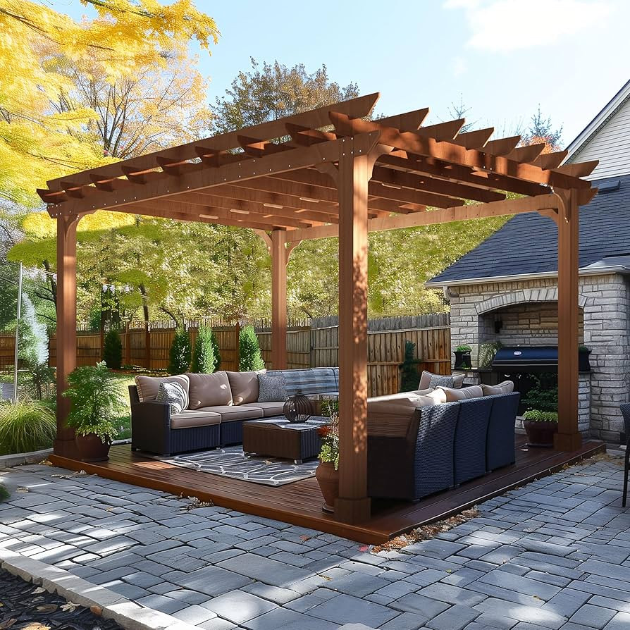 BlueWish 12’ x 14’ Cedar Wood Patio Pergola with Slatted Trellis Roof, Outdoor Pergola Backya... | Amazon (US)