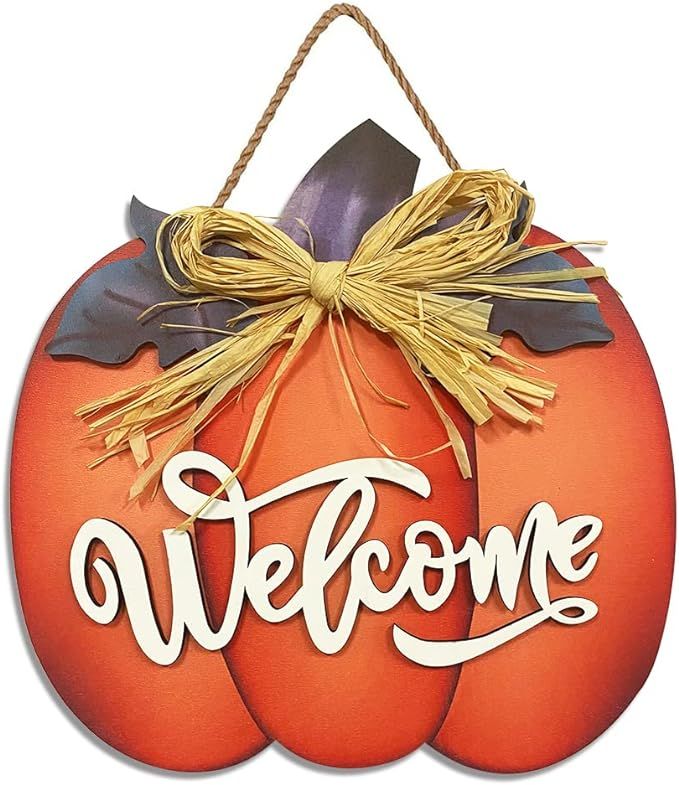 Fall Pumpkin Welcome Sign for Front Door, Wood Pumpkin Hanging Wooden Door Sign Fall Decorations ... | Amazon (US)