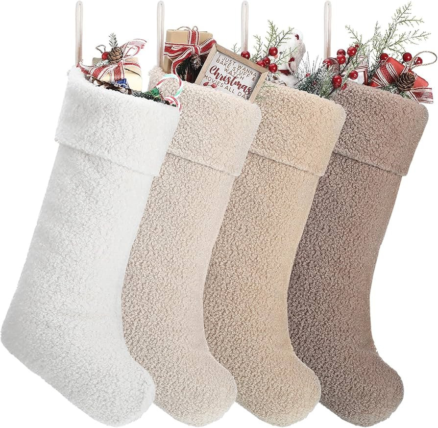 Neutral Christmas Stockings 4 Pcs 18 Inch Large Plush Beige Brown Stocking Faux Lambswool Xmas Ha... | Amazon (US)