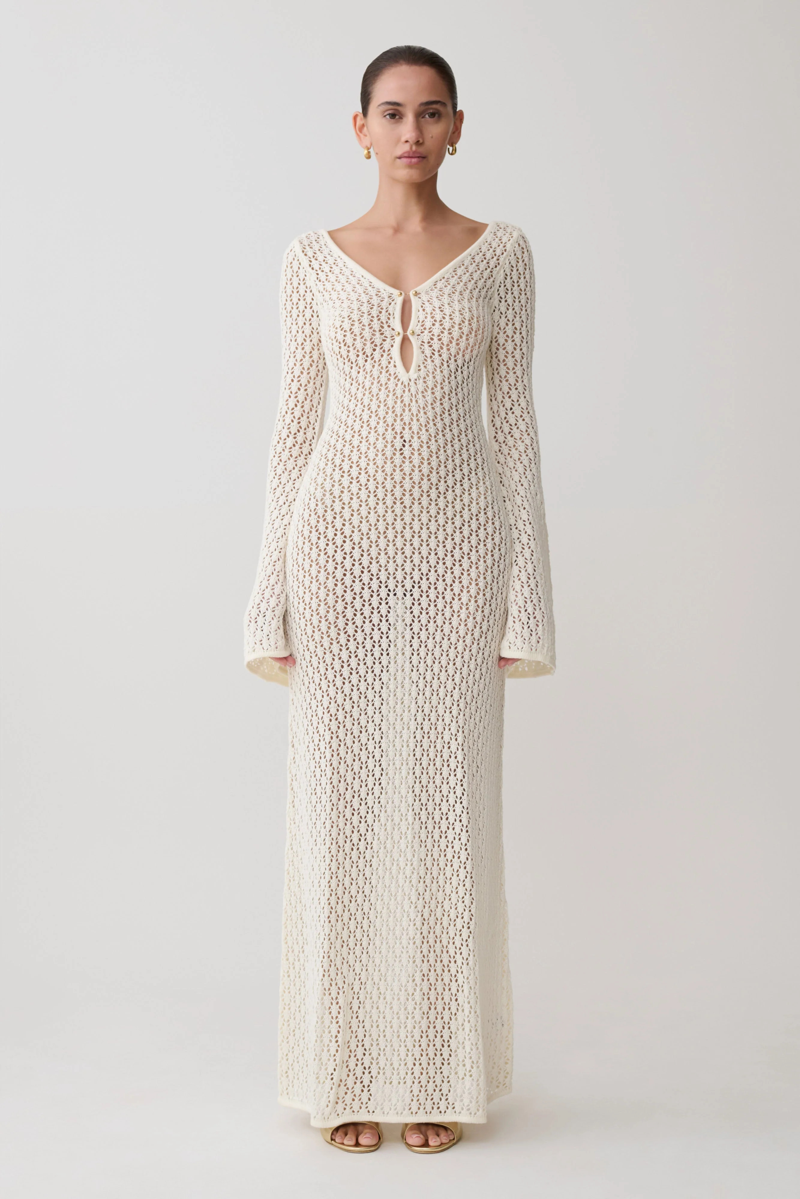 Kayleigh Crochet Fishtail Flare Sleeve Maxi Dress - White | Meshki UK