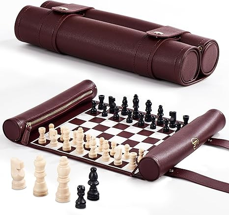 Roll Up Chess Set - 11" Foldable Leather Chess Mat with Wooden Chess Pieces - Portable Travel Che... | Amazon (US)
